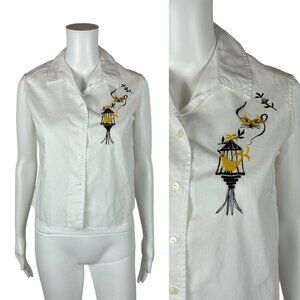 Vintage 1950s Top Women's Medium Cat & Canary Novelty Print Embroidered Sleevele